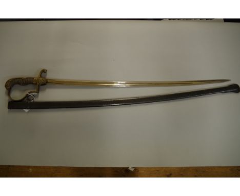 A Prussian artillery officer's sword and steel scabbard, having 75cm blade.&nbsp;