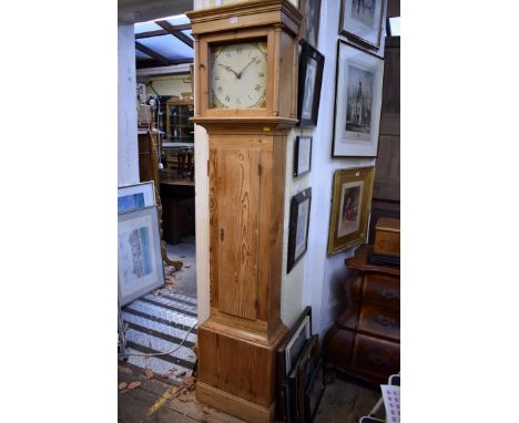 A Victorian pine 30 hour longcase clock,&nbsp;with 11in square painted dial, (movement a.f.), no weight or pendulum.&nbsp; 