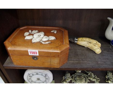 A Japanese oak and bone mounted casket,&nbsp;23cm wide; together with a pair of carved bone or ivory handled carving knife an