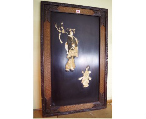 A pair of Japanese bone, mother of pearl and ivory shibyama panels,&nbsp;75 x 42cm; together with another similar unframed ex