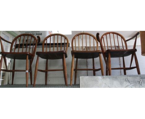 Four mid-century hoop and stick back kitchen chairs, two singles two carvers 