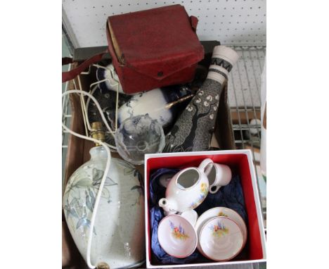 A box containing a selection of domestic collectables various to include a dolls part tea service 