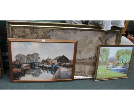 A large gilt framed Belgian machine made tapestry landscape, together with two other decorative pictures 
