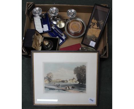 A box containing a selection of useful decorative domestic items to include Victorian print of Rugby School a selection of do