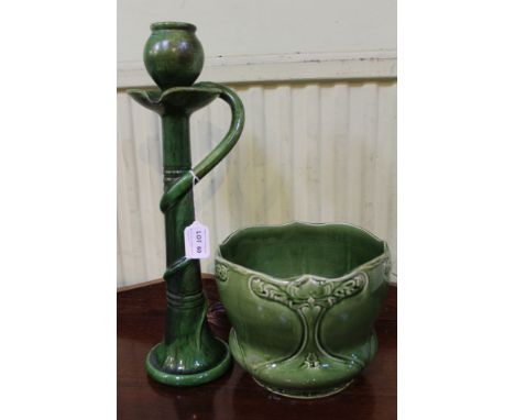 Two items of green glazed art pottery, to include an Art Nouveau design planter bearing the name Telegraph, approx 16cm high,