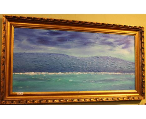 'Storm Brewing' An original Seascape by Chris Ponton in moulded gilt frame, 44.5cm x 95cm