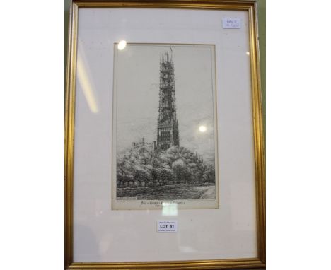 Black-and-white print depicting Holy Trinity Church, Coventry, under restoration plain mounted in slender gilt frame 