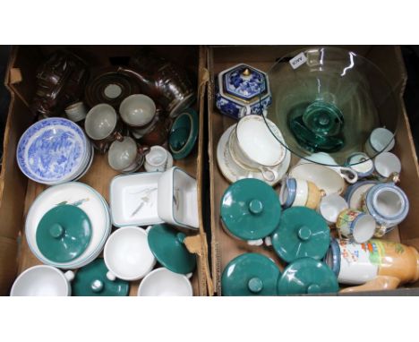 Two boxes containing a studio pottery tea service a selection of Denby Wheatsheaf tableware is etc. 