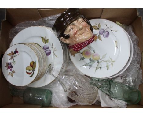 A box containing a selection of Royal Worcester Evesham platters, Doulton Toby jug, decanter &amp; stopper etc. 
