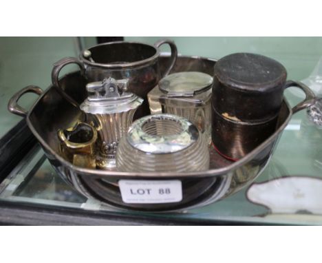 A selection of domestic metal wares to include table lighter hip flask Vesta strike etc. 