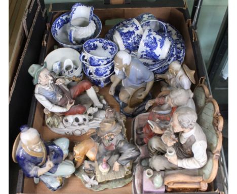 A box containing a selection of porcelain figurines, both Italian and Oriental, together with a blue-and-white transfer decor