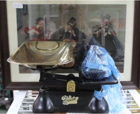 A Victorian design set of kitchen scales and weights, together with a pears print titled 'A Lively Measure', published in 190