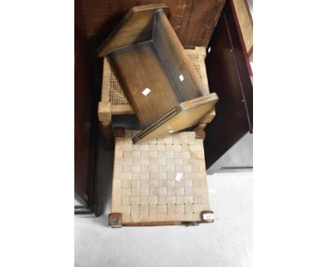 Two vintage strung stools and a book trough
