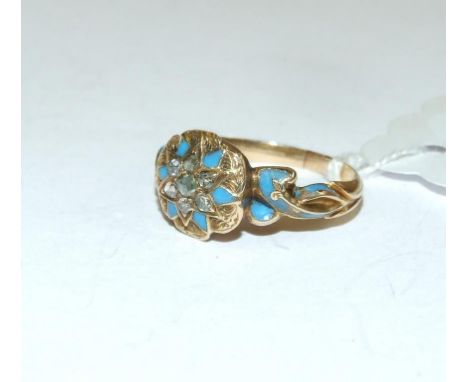 An early 19th century yellow coloured metal diamond and blue enamel cluster ring