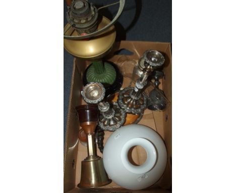 A pair of silver plated telescopic candlesticks, 28.5 cm high (extended), a pair of treen and silver coloured metal candlesti