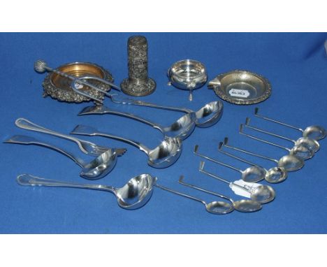 Nine silver spoons, with golf club handles, initialled, various dates, a silver fiddle pattern ladle, approx. 6.2 ozt, assort