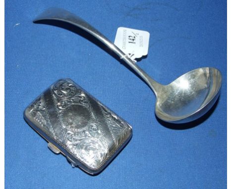 A silver cigarette case, Birmingham 1910, and a plated sauce ladle (2)