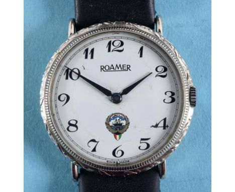 A gentleman's 18ct gold Roamer wristwatch, the white enamel dial having Roman numerals  See illustration  Condition report Re