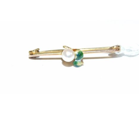 A yellow coloured metal, seed pearl and enamel duck brooch, cased