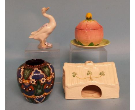 A Belleek pastille burner, Dan Murphy's Cottage, a Carlton Ware preserve pot (a.f.), a Lladro duck, and a pottery vase (4)