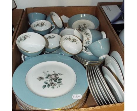 A Royal Doulton Rose Elegans pattern tea and dinner service, two oil lamps, glass and ceramics (3 boxes)