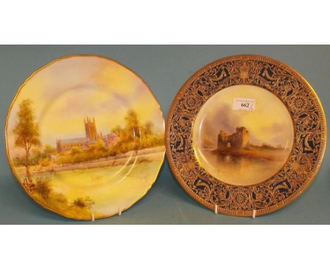 A Royal Worcester plate, Inverlocky Castle, signed J Stinton, 27 cm diameter, and another, Worcester Cathedral, 27 cm diamete