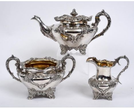 A Victorian silver three piece tea service, decorated flowers and foliage, James Nasmyth & Co, Edinburgh 1839, approx. 38.7 o