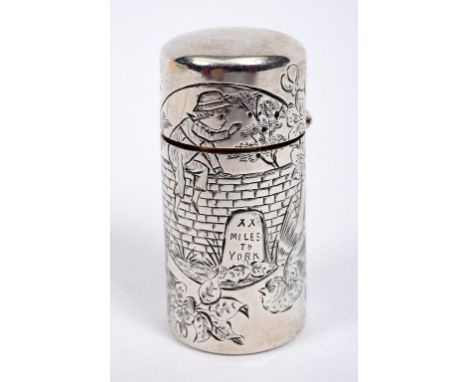 A late Victorian silver mounted scent bottle, decorated Kate Greenaway style figures, Sampson Mordan & Co, London 1883, 5.5 c