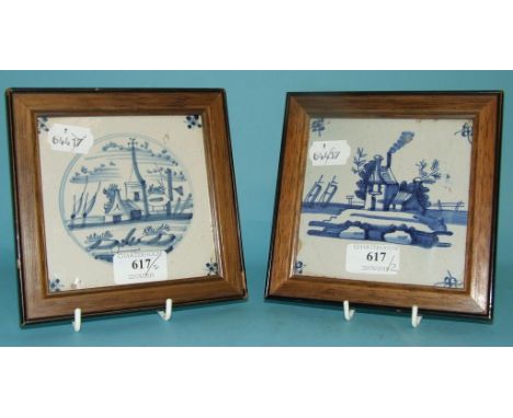 A Delft pottery tile, decorated a landscape, 12 cm square, and another similar (2)