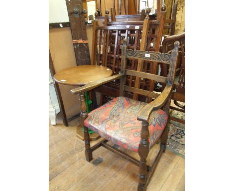 A pub type table, an easel, an inlaid mahogany cot, and a carver chair (4)