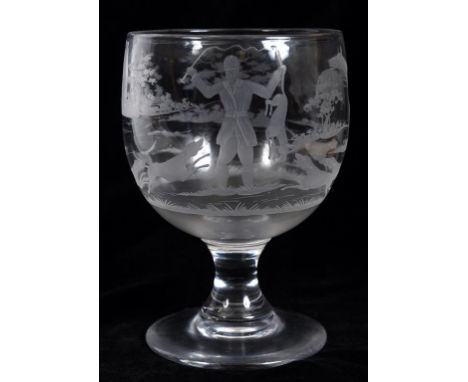 A large glass goblet, etched a hunting scene, 21.5 cm high  See illustration