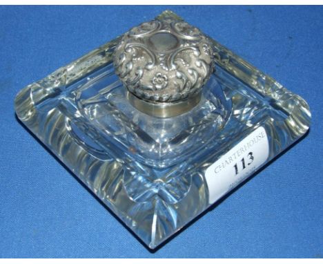 A Victorian silver mounted glass inkwell, Birmingham 1899, 10 cm wide