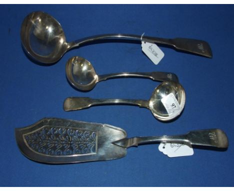 A George IV silver fiddle pattern ladle, a pair of sauce ladles, and a fish server, all initialled, London 1828, approx. 13.3