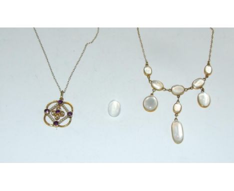 A yellow coloured metal and moonstone necklace, a loose moonstone, and a 9ct gold, amethyst and seed pearl pendant, on a 9ct 