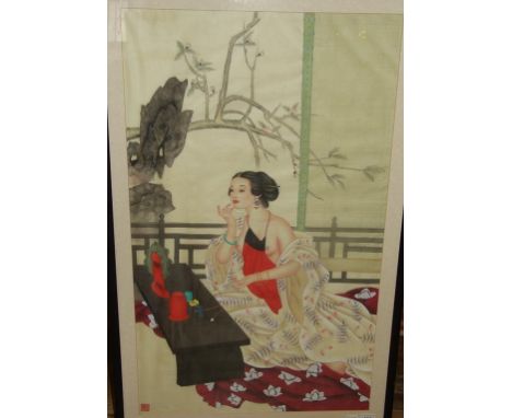 Chinese school, 20th century, a scantily clad lady at her toilet, watercolour, signed with a seal, 91 x 54 cm