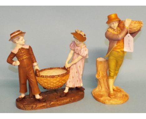 A Worcester figure, of a man carrying a basket, 880, 24 cm high, and another, of two children and a basket (restored), 20 cm 