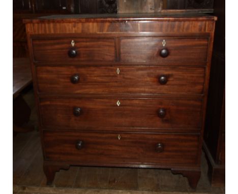 A 19th century inlaid mahogany chest, of two short and three graduated long drawers, on bracket feet, 109 cm wide