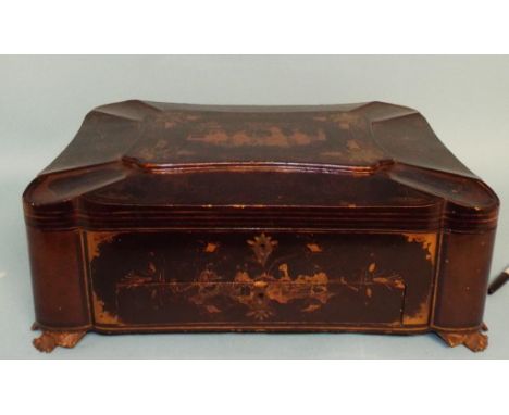 A Chinese black lacquer sewing compendium box, with ivory bobbins, needlecases and related items, 40 cm wide and a carved woo