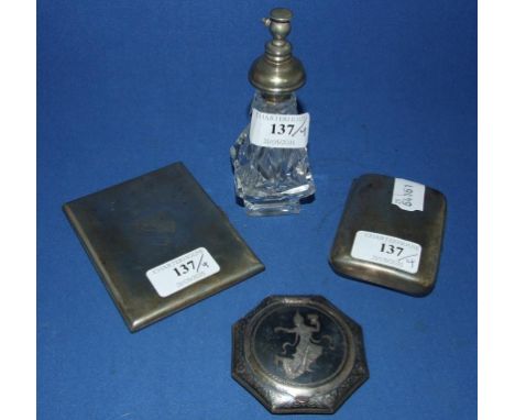 Two silver cigarette cases, a compact with niello work, and an atomizer (4)