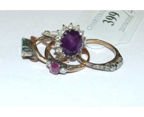 A 9ct gold, platinum and diamond ring, an amethyst ring and two other rings (4)