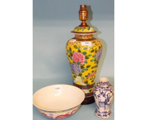 A Chinese blue and white vase, 13.5 cm high, a Chinese bowl, and a Chinese vase, converted to a lamp (3) Condition report Rep