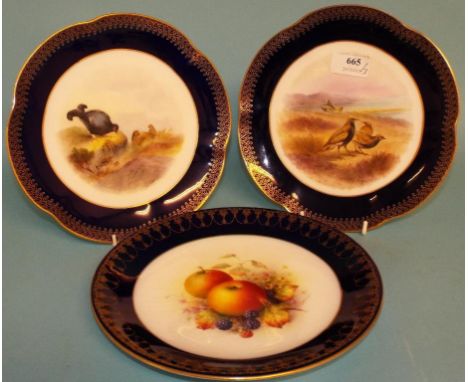 A pair of Royal Worcester plates, decorated birds, signed C Johnson, 22 cm diameter, and another, decorated fruit, signed R S