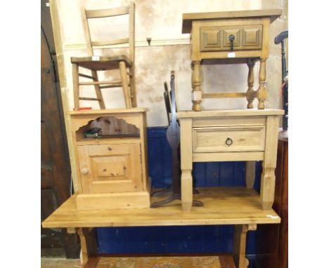 Two children's chairs, a folding cake stand, a pine kitchen table, an oak stool, chairs and other occasional furniture (qty)