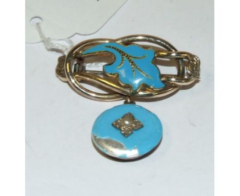 A late Victorian yellow coloured metal, enamel, seed pearl and diamond chip pendant brooch (slight loss)
