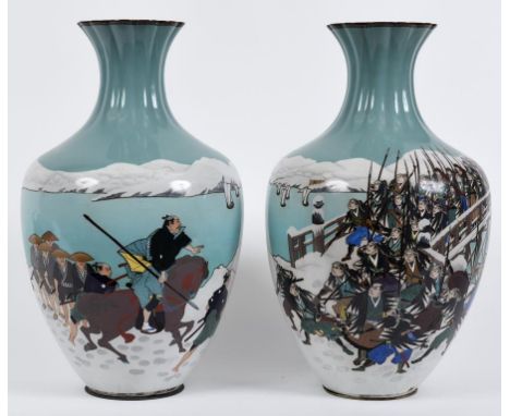 A large pair of Japanese cloisonné vases, one decorated figures landing on the shore, the other with an army coming to defend