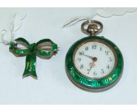 A lady's fob watch, with enamel decoration, on a bow suspension