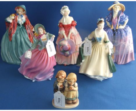 Five Royal Doulton figures, Veronica, HN1517, Lady Charmian, HN1948, Patricia, HN1431, Autumn Breeze, HN4716, and Elegance, H