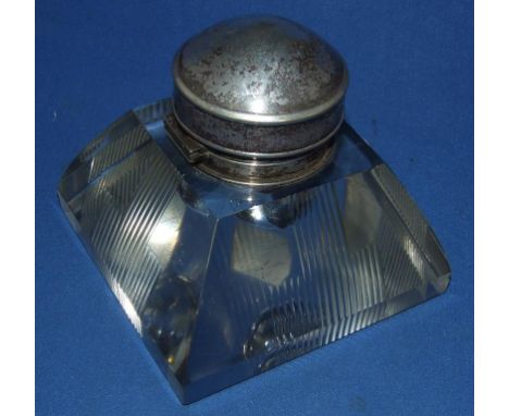 A large glass inkwell, with plated mounts, 12 cm square