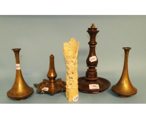 A Middle Eastern lamp base, another, a Burmese bone sleeve vase, and a pair of rosewater vases (5)