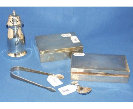 A silver sugar caster, London 1932, 13.5 cm high, a pair of silver sugar tongs, two silver table cigarette cases, and a caddy